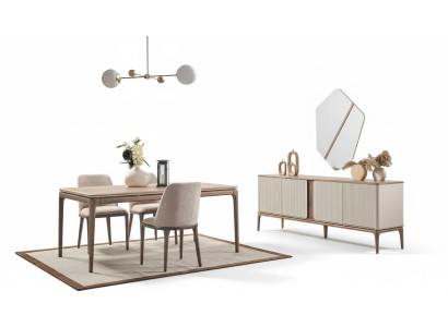 Grupo de comedor Mesa de comedor 4 sillas Aparador Espejo Moderno 7 piezas Madera Beige