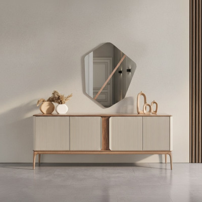Mueble aparador de espejo con juego de cómoda de madera en color beige para salón.