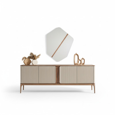 Mueble aparador de espejo con juego de cómoda de madera en color beige para salón.