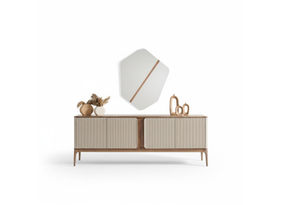 Mueble aparador de espejo con juego de cómoda de madera en color beige para salón.