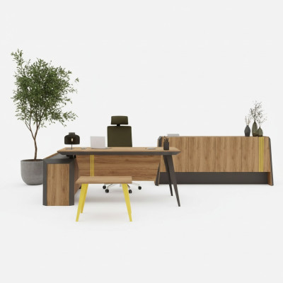 Escritorio de esquina, mesa de centro, aparador, muebles de oficina, diseño de sala de estudio.