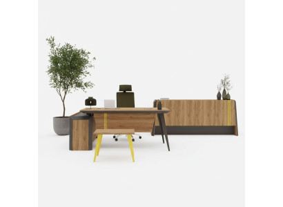 Escritorio de esquina, mesa de centro, aparador, muebles de oficina, diseño de sala de estudio.