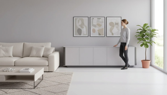 Sideboard Dokumenten Modern Kommode Schrank Holz Büroschrank Grau  Aparador de documentos moderno, cómoda, armario de madera, archivador de oficina gris.