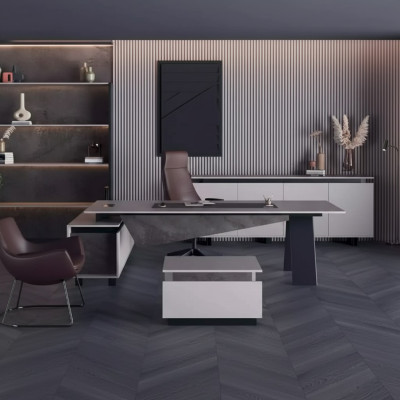 Muebles de oficina gris: escritorio, aparador, muebles de oficina modernos de madera