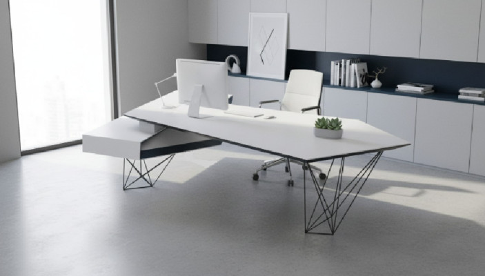 Escritorio de esquina, escritorio de trabajo, oficina, mesa de lujo, muebles de diseño blancos.