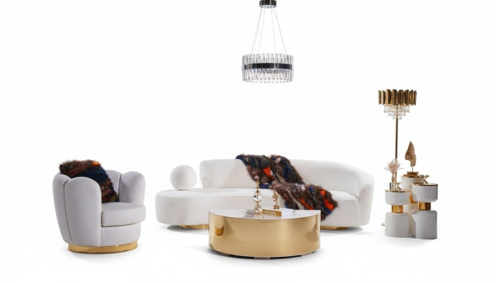 Moderno conjunto de sofá, sofá de tres plazas blanco, sillón de lujo, elegante mesa de centro.