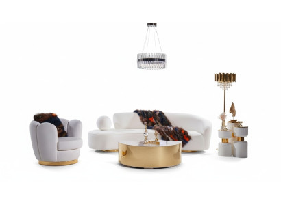 Moderno conjunto de sofá, sofá de tres plazas blanco, sillón de lujo, elegante mesa de centro.