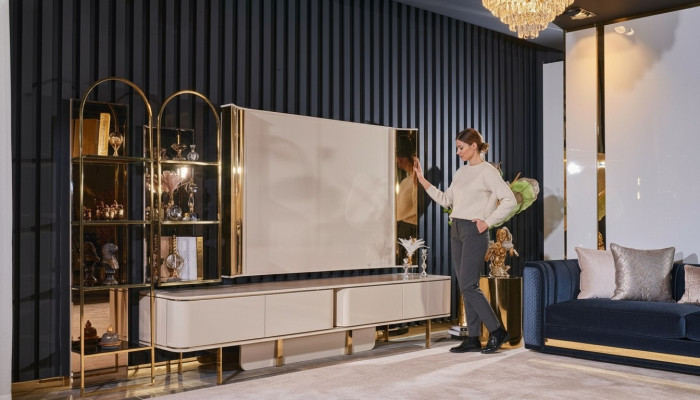 Sala de estar, gabinete de lujo para televisión, muebles de madera, aparador nuevo beige.