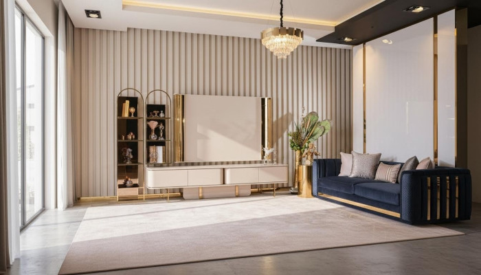 Sala de estar, gabinete de lujo para televisión, muebles de madera, aparador nuevo beige.