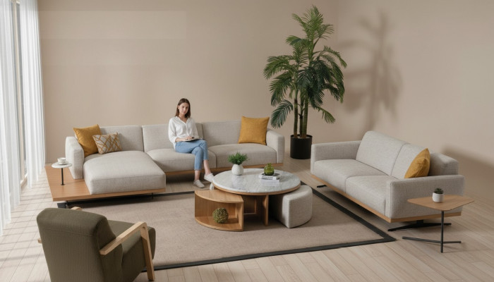 Sofá esquinero en forma de L, sofá, sillón, mesa de centro, mesa auxiliar, tapizado.