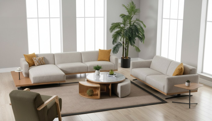 Sofá esquinero en forma de L, sofá, sillón, mesa de centro, mesa auxiliar, tapizado.