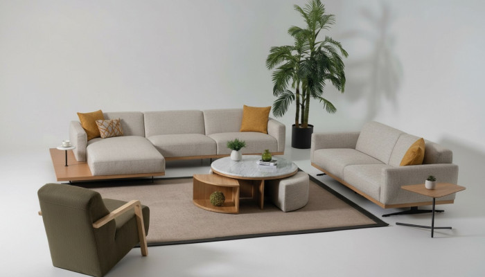 Sofá esquinero en forma de L, sofá, sillón, mesa de centro, mesa auxiliar, tapizado.