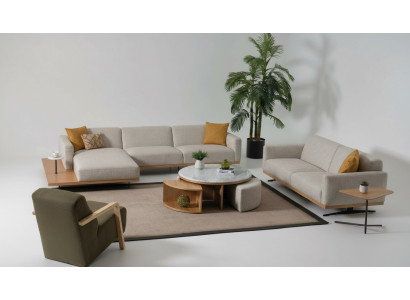 Sofá esquinero en forma de L, sofá, sillón, mesa de centro, mesa auxiliar, tapizado.