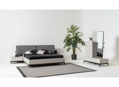 Moderno conjunto de dormitorio en blanco y negro (cama, dos mesitas de noche, cómoda con espejo)