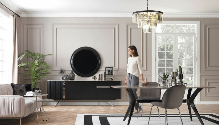 7 piezas de lujo Loft diseño comedor juego de muebles mesa cómoda 4 sillas