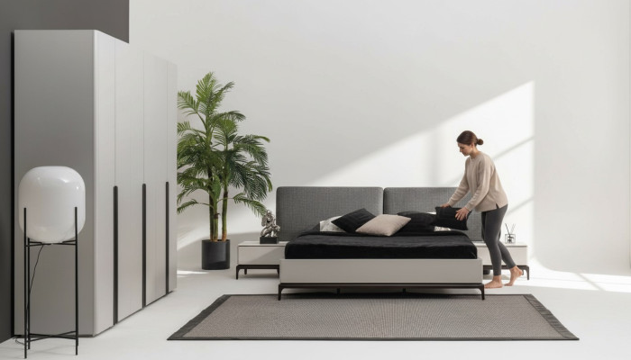Cama acolchada de diseño de lujo doble camas de hotel de madera muebles gris claro loft.