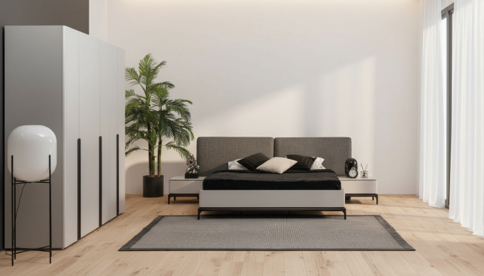 Cama acolchada de diseño de lujo doble camas de hotel de madera muebles gris claro loft.