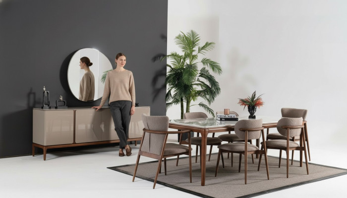 Italian dining room set, dining group, dining table set, chair group, sideboard.