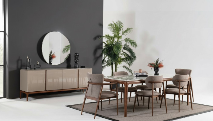 Italian dining room set, dining group, dining table set, chair group, sideboard.