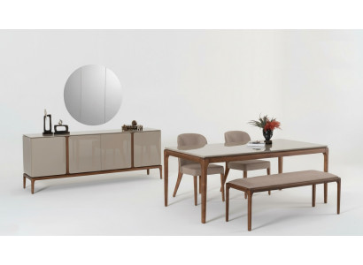 Set de comedor Conjunto de comedor Mesa 4 sillas Banco Cómoda Espejo de 8 piezas.