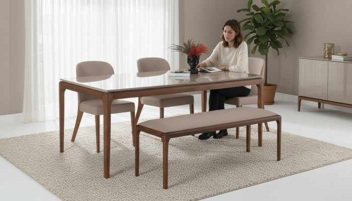 Grupo de comedor, conjunto de comedor banco 4 sillas mesa muebles beige de 6 piezas