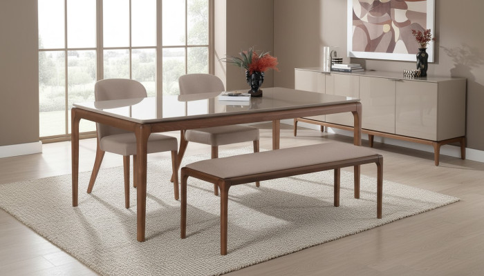 Grupo de comedor, conjunto de comedor banco 4 sillas mesa muebles beige de 6 piezas