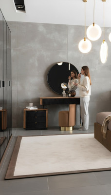 Dormitorio tocador espejo taburete conjunto completo Nuevo 3 piezas marrón.