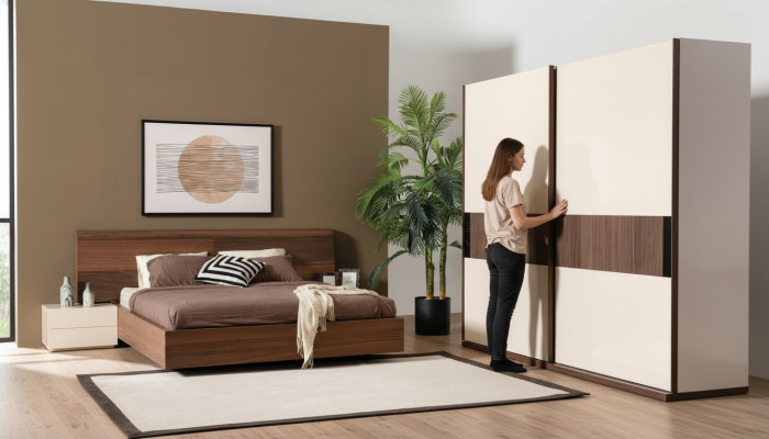 4 piezas Set de dormitorio Cama 2 mesitas de noche Armario Armario