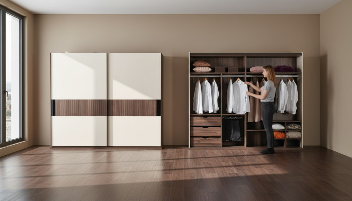 Armario de lujo con puertas correderas de madera, estilo moderno en color beige.