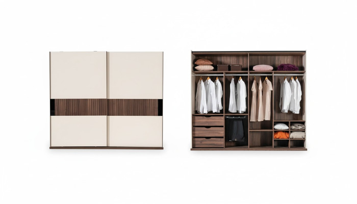 Armario de lujo con puertas correderas de madera, estilo moderno en color beige.