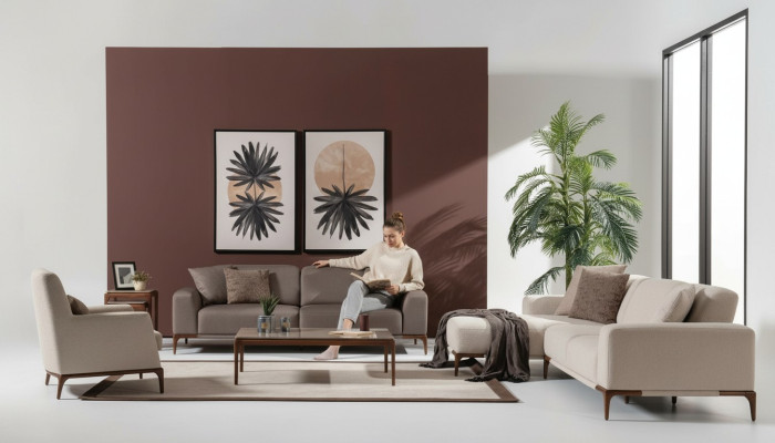 Sofá esquinero de salón en forma de L, sofá de 3 plazas, sillón, mesa de centro y set de 2 mesitas auxiliares.