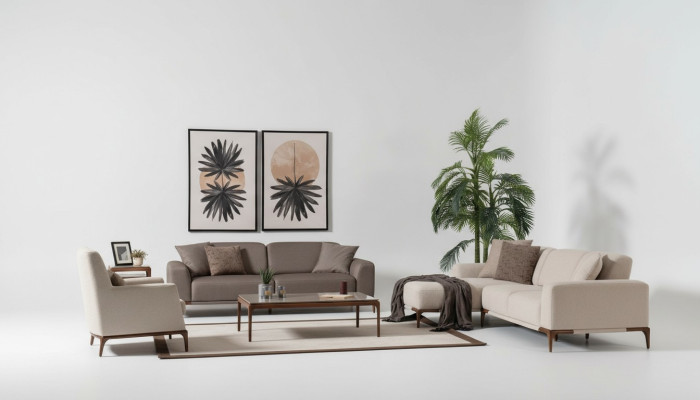 Sofá esquinero de salón en forma de L, sofá de 3 plazas, sillón, mesa de centro y set de 2 mesitas auxiliares.