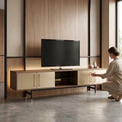 Mueble de televisión bajo, estantería lateral marrón de diseño de madera de lujo 260cm.