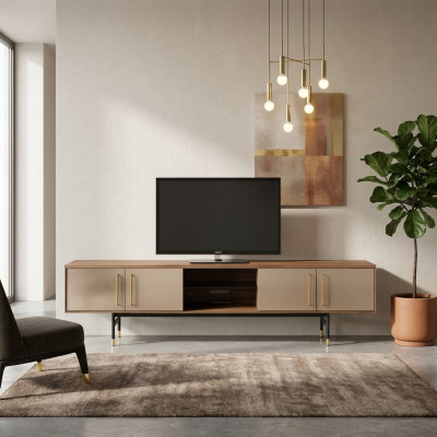 Mueble de televisión bajo, estantería lateral marrón de diseño de madera de lujo 260cm.