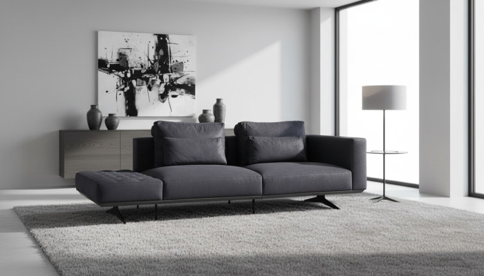 Diseño de sofá de 3 plazas en textil, sofá acolchado en negro.