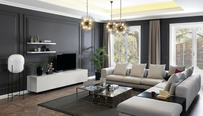 Sofá esquinero en forma de L, soporte de TV, sofás de diseño tapizados en tela de 2 piezas.
