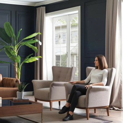 Silla Chesterfield de lujo tapizada en tela estilo moderno con madera.