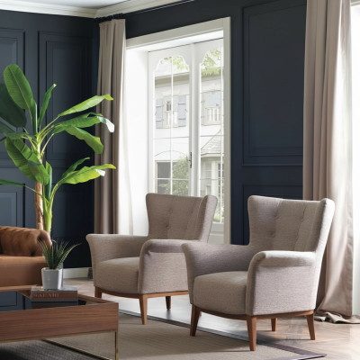 Silla Chesterfield de lujo tapizada en tela estilo moderno con madera.