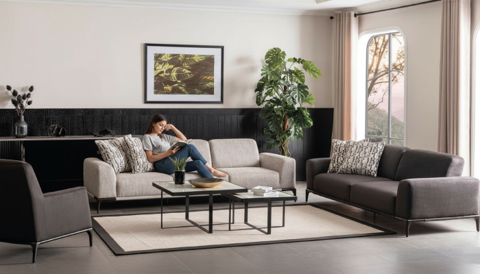 Juego de sala con sofás de 4, 3 y 1 plazas, tapizado en tela, sofá, sillón, lujo.