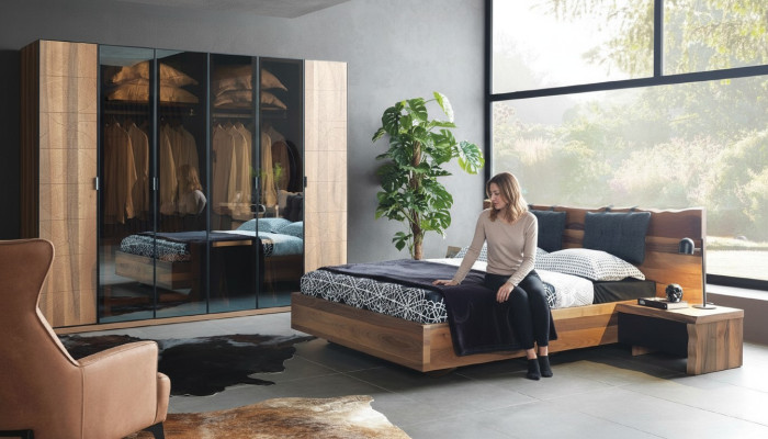 Dormitorio Cama 2x Mesita de noche Armario Conjunto de Madera Moderno Set