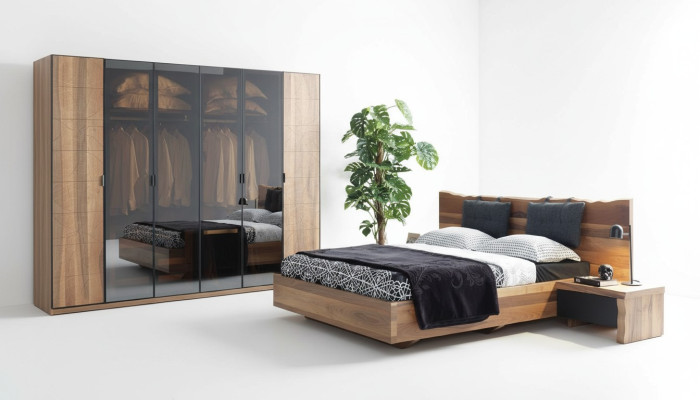 Dormitorio Cama 2x Mesita de noche Armario Conjunto de Madera Moderno Set
