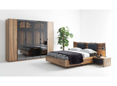 Dormitorio Cama 2x Mesita de noche Armario Conjunto de Madera Moderno Set