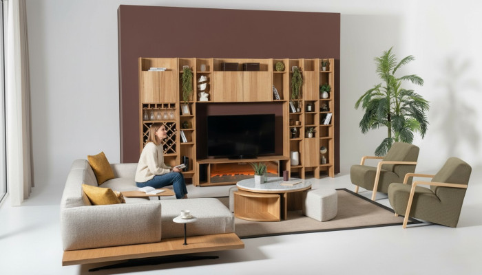 Conjunto de pared de salón con chimenea eléctrica, paredes modulares, sofá de esquina, sillón, juego completo de 5 piezas.