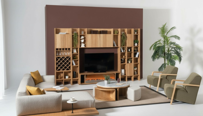 Conjunto de pared de salón con chimenea eléctrica, paredes modulares, sofá de esquina, sillón, juego completo de 5 piezas.
