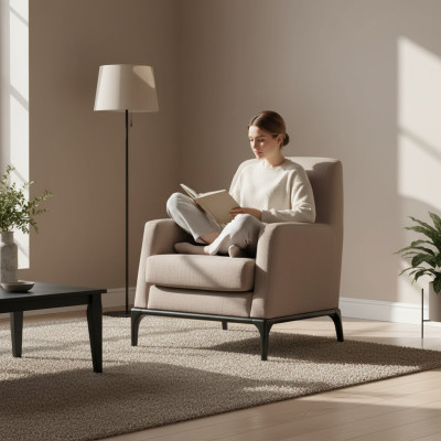 Sillón de salón diseño sofá lujo tapizado moderno marrón madera textil.