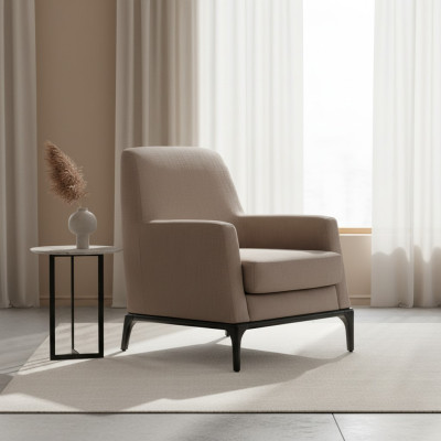 Sillón de salón diseño sofá lujo tapizado moderno marrón madera textil.