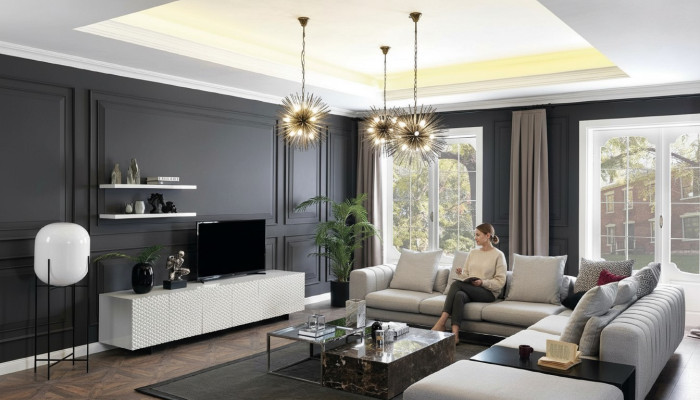 Muebles de salón sofá esquinero en forma de L con soporte para TV, 3 mesas de centro, sofá y muebles tapizados.