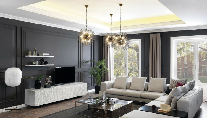 Muebles de salón sofá esquinero en forma de L con soporte para TV, 3 mesas de centro, sofá y muebles tapizados.