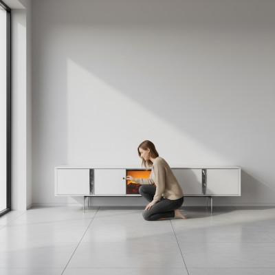 Mueble de televisión con chimenea, soporte de TV, mueble de lujo, cómoda baja de 240 cm.