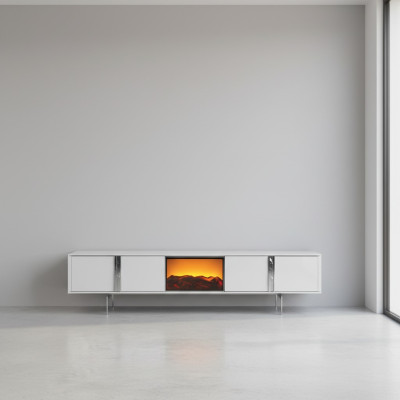 Mueble de televisión con chimenea, soporte de TV, mueble de lujo, cómoda baja de 240 cm.